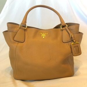 Prada tan leather tote, 14” x 13” x 4”